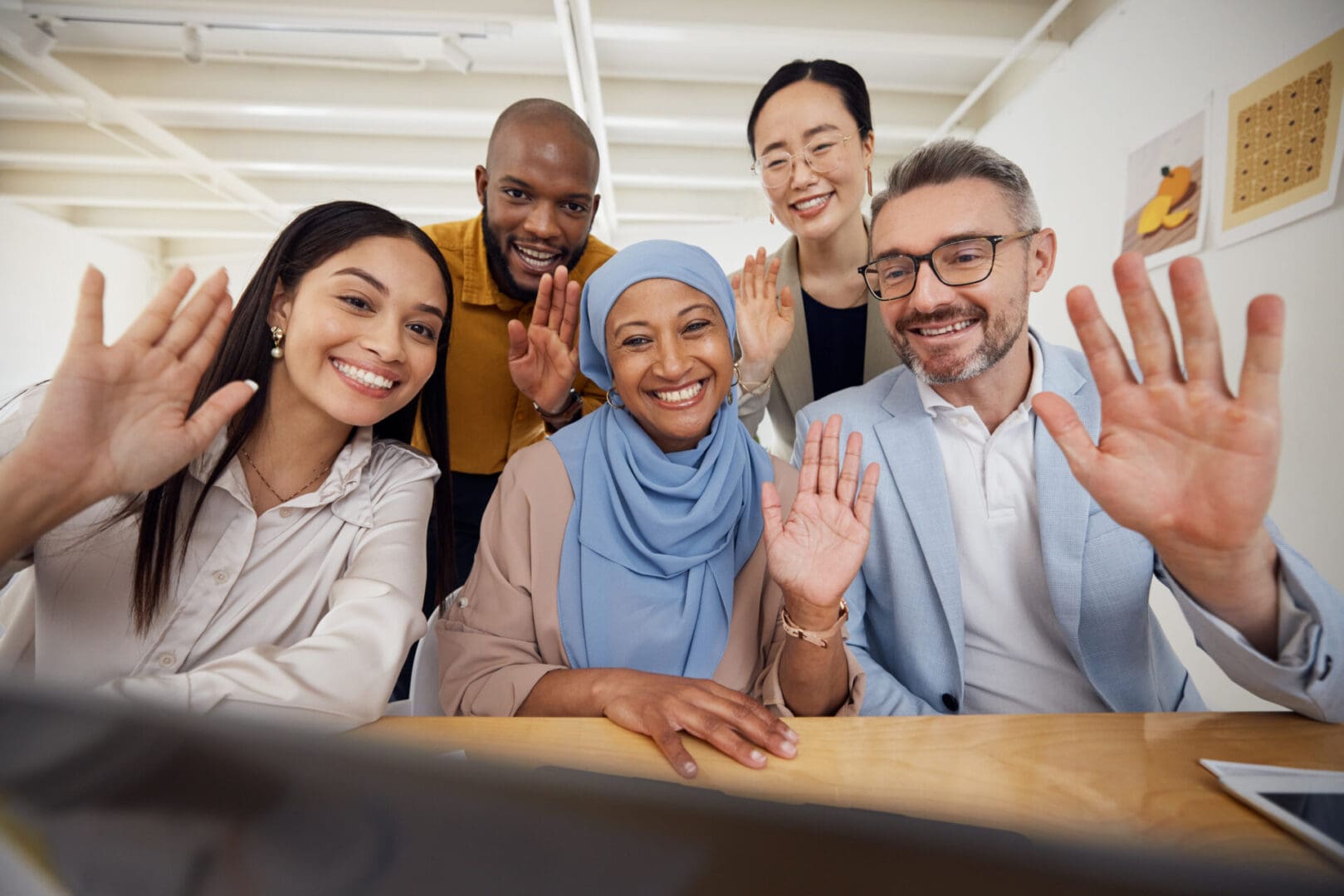 Business people, video call and team portrait for online meeting, communication and marketing collaboration in office. Face of women and men or diversity group wave hello in virtual presentation.